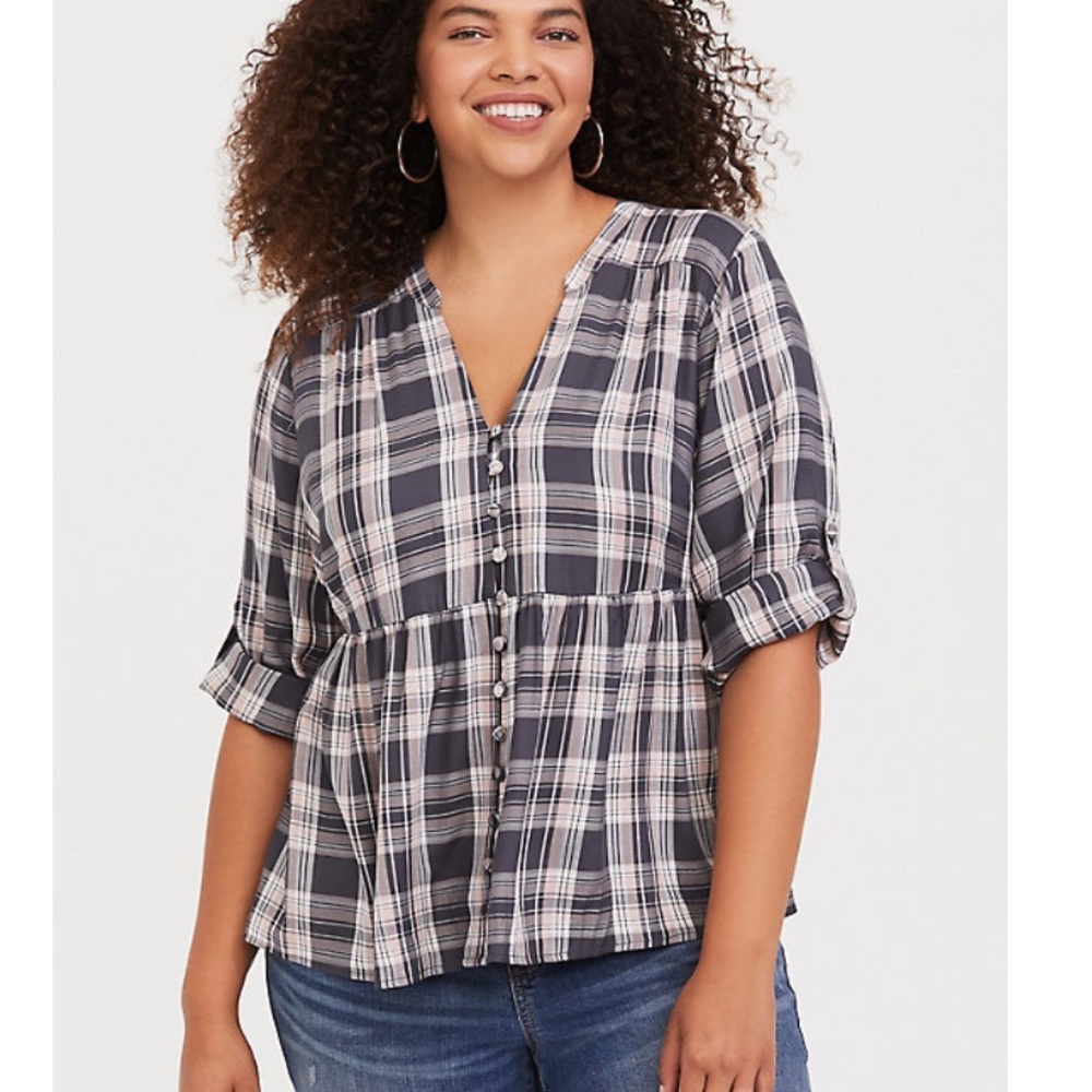 GREY PLAID BUTTON-FRONT CROP BABYDOL BLOUSE torrid